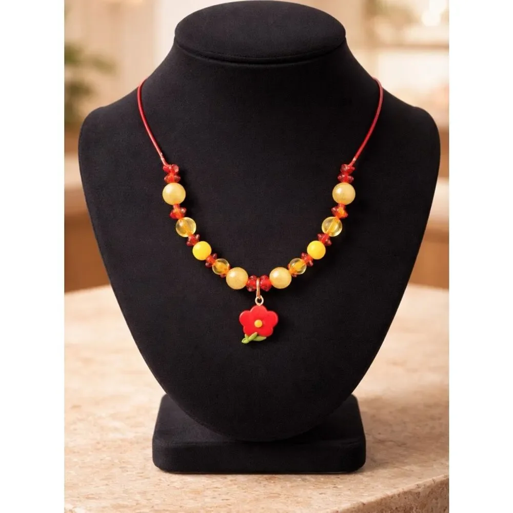 NWOT Toddler/Girls Adjustable Beaded Necklace Flower Pendant Yellow Res - 10-14”